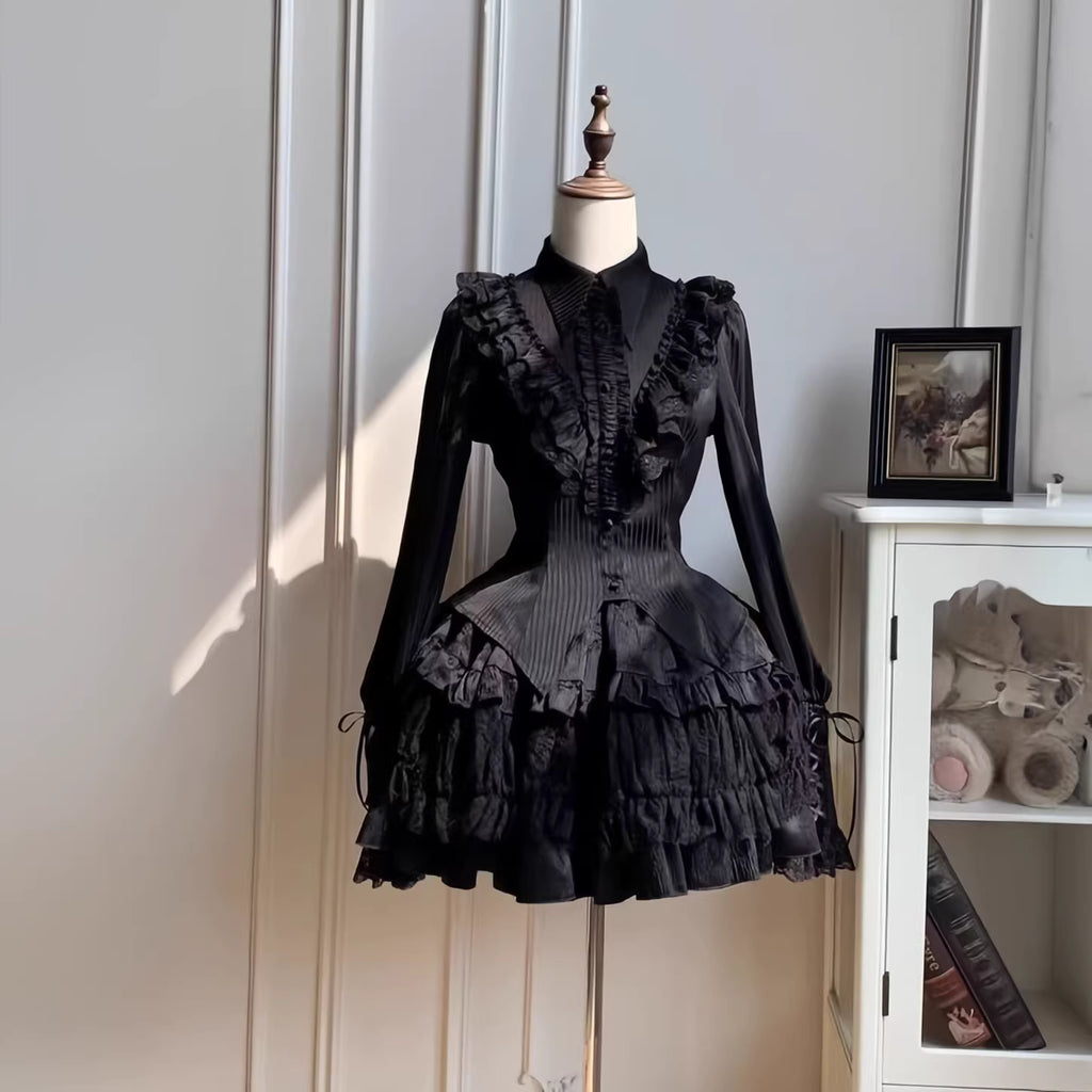 Design Concept:

This Gothic Lolita blouse is crafted with a thin and lightweight fabric, featuring vintage-inspired lantern sleeves and a refined prince-style silhouette. The black and white color options enhance its versatility, allowing it to pair elegantly with a variety of Lolita skirts or outerwear. Its delicate construction balances both comfort and sophistication, making it suitable for daily wear, themed gatherings, or cosplay occasions.