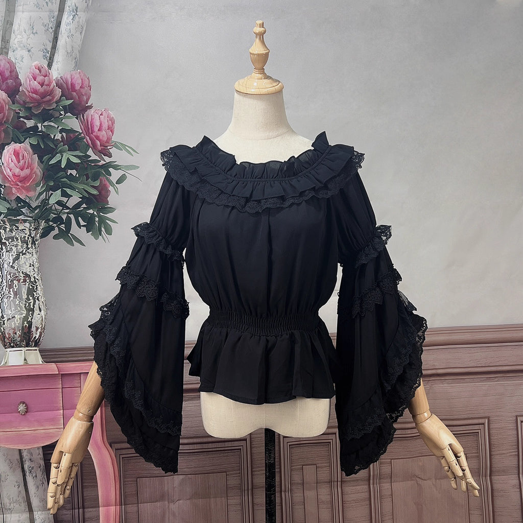 Design Concept:
This Lolita chiffon blouse brings a graceful and romantic aesthetic with its elastic neckline and off-shoulder design. The flowing silhouette enhances the charm of Lolita coordinates, while the gorgeous detailing adds a touch of elegance. Available in White and Black, it offers both a fresh, pure option and a dramatic, Gothic-inspired alternative.