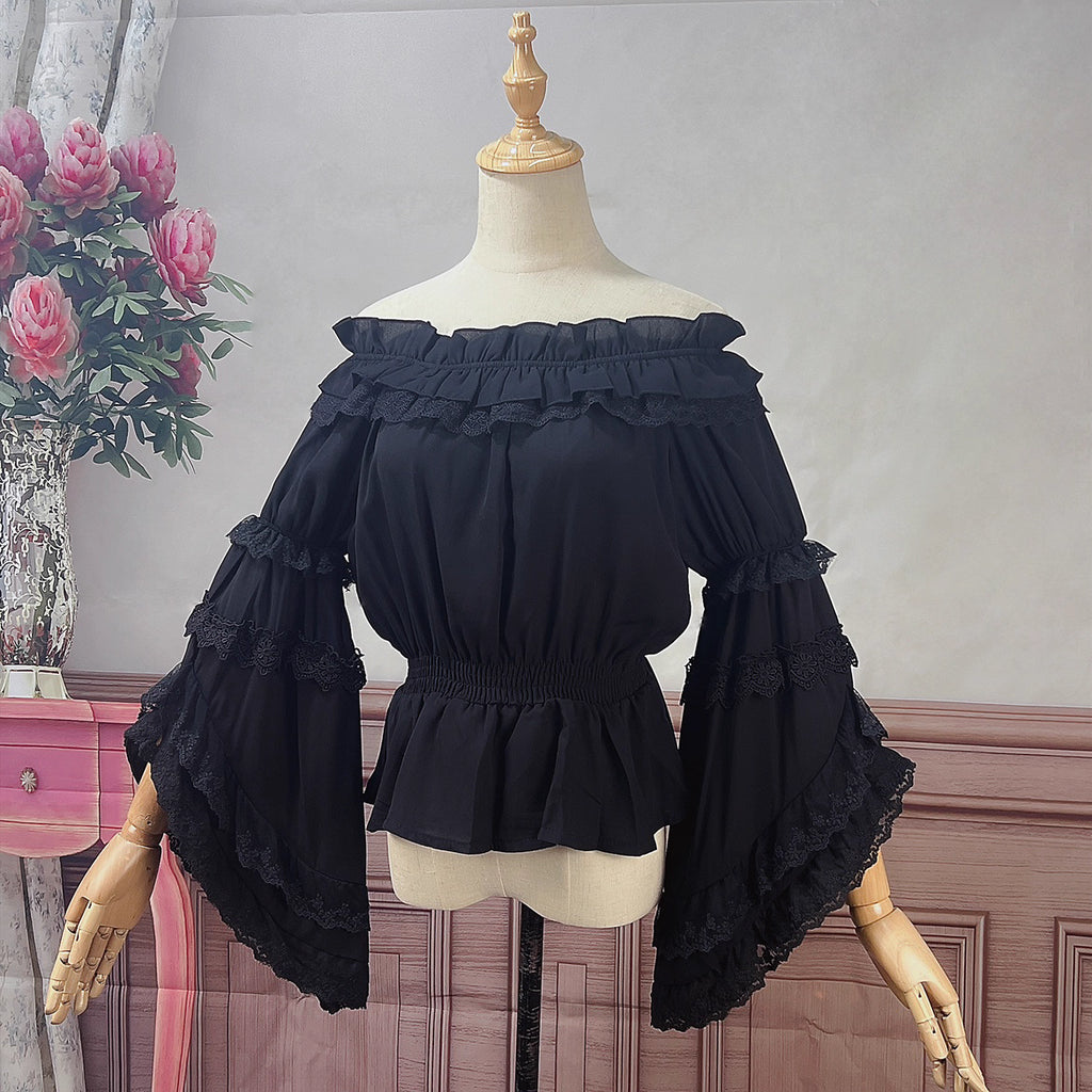Design Concept:
This Lolita chiffon blouse brings a graceful and romantic aesthetic with its elastic neckline and off-shoulder design. The flowing silhouette enhances the charm of Lolita coordinates, while the gorgeous detailing adds a touch of elegance. Available in White and Black, it offers both a fresh, pure option and a dramatic, Gothic-inspired alternative.