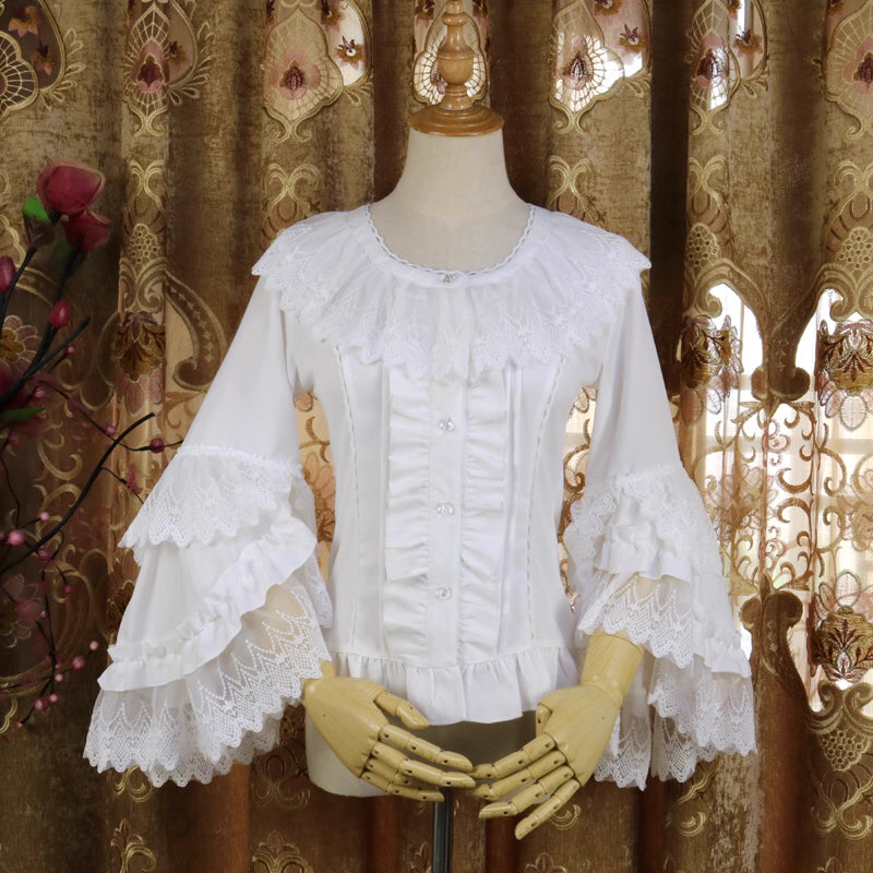 Design Concept:
This Lolita blouse features delicate lace-trimmed princess sleeves and a classic round neckline, creating a soft, elegant silhouette perfect for layering. The lightweight chiffon fabric adds a graceful drape, enhancing any Lolita outfit. Available in Ivory, Black, and Apricot, it suits a variety of styling preferences, from sweet to Gothic-inspired looks.