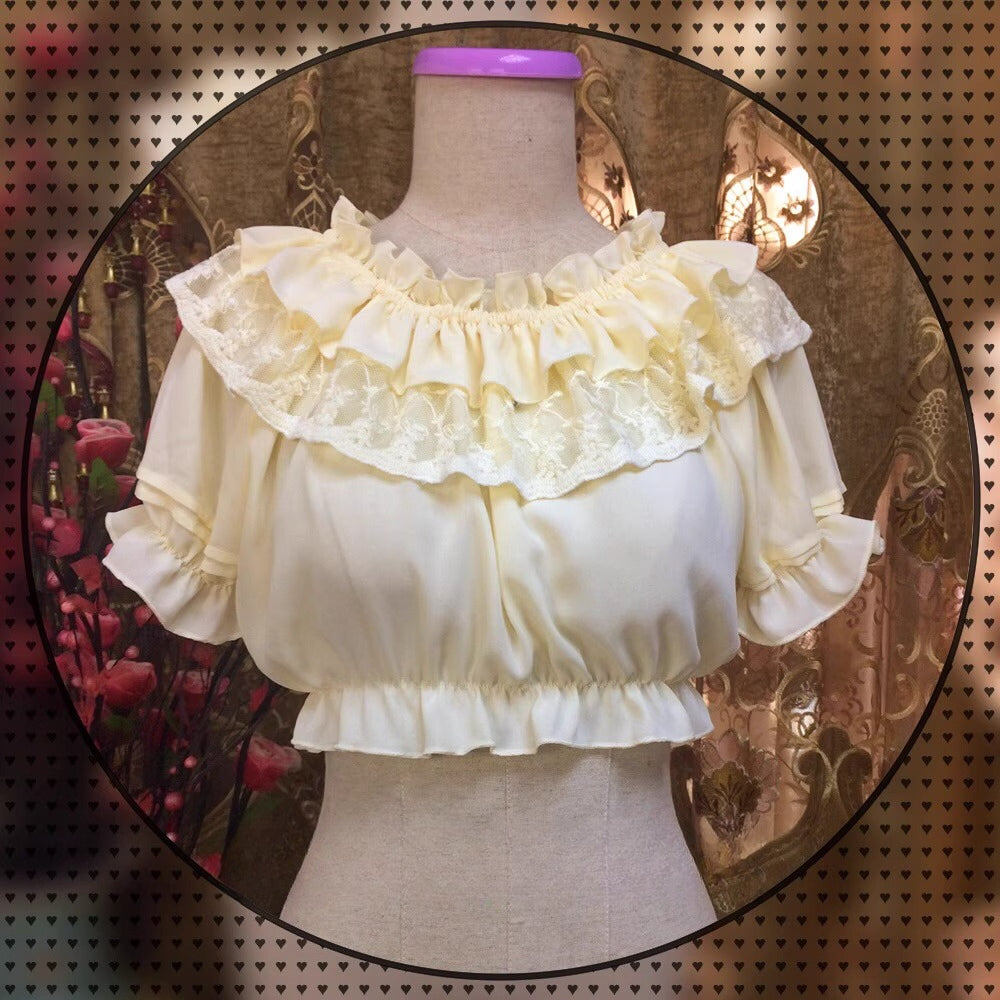 Design Concept:
This Lolita blouse features a ruffle-trimmed collar, round neckline, and short sleeves, designed as a high-waist pullover for a flattering, elegant silhouette. Crafted from lightweight chiffon with lace detailing, it adds a delicate, feminine touch to any Lolita outfit. Available in White, Apricot, and Black, it provides versatile styling options for sweet, classic, or Gothic-inspired looks.