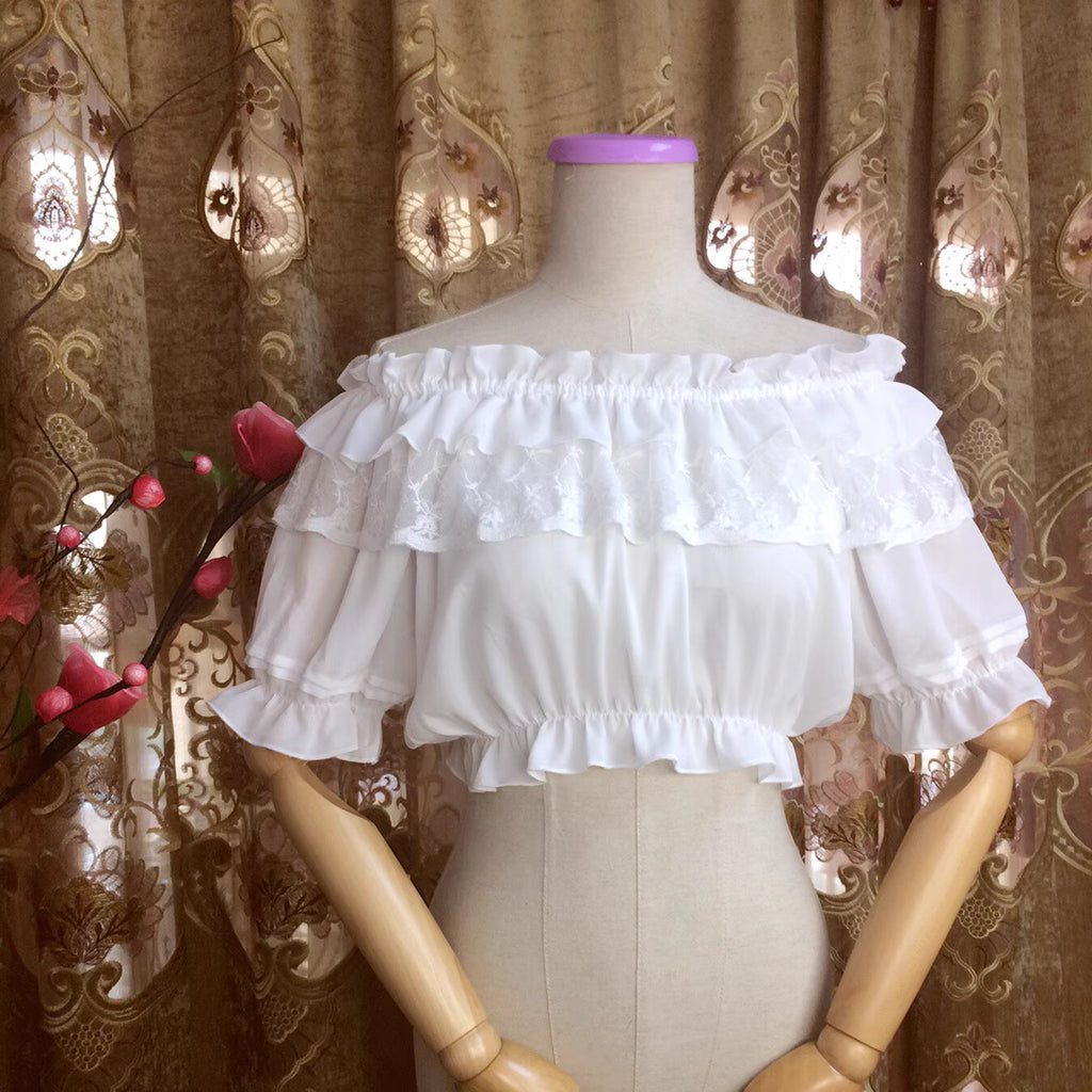 Design Concept:
This Lolita blouse features a ruffle-trimmed collar, round neckline, and short sleeves, designed as a high-waist pullover for a flattering, elegant silhouette. Crafted from lightweight chiffon with lace detailing, it adds a delicate, feminine touch to any Lolita outfit. Available in White, Apricot, and Black, it provides versatile styling options for sweet, classic, or Gothic-inspired looks.