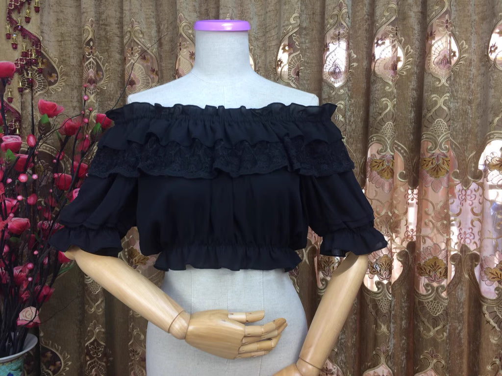Design Concept:
This Lolita blouse features a ruffle-trimmed collar, round neckline, and short sleeves, designed as a high-waist pullover for a flattering, elegant silhouette. Crafted from lightweight chiffon with lace detailing, it adds a delicate, feminine touch to any Lolita outfit. Available in White, Apricot, and Black, it provides versatile styling options for sweet, classic, or Gothic-inspired looks.