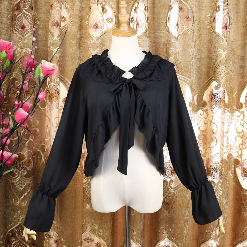 Design Concept:
This Lolita blouse doubles as a short chiffon cardigan featuring long sleeves and delicate ruffle trims. Designed as a lightweight outer layer, it adds elegance while providing subtle sun protection. Available in White, Apricot, Pink, and Black, it complements a variety of Lolita outfits and coordinates effortlessly with dresses or skirts.