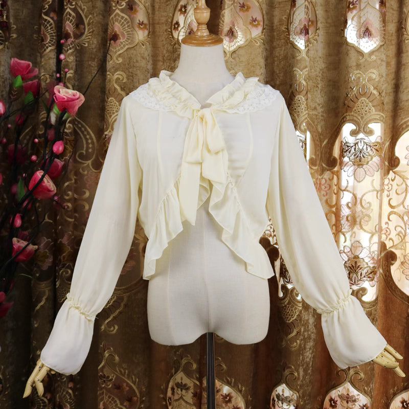 Design Concept:
This Lolita blouse doubles as a short chiffon cardigan featuring long sleeves and delicate ruffle trims. Designed as a lightweight outer layer, it adds elegance while providing subtle sun protection. Available in White, Apricot, Pink, and Black, it complements a variety of Lolita outfits and coordinates effortlessly with dresses or skirts.