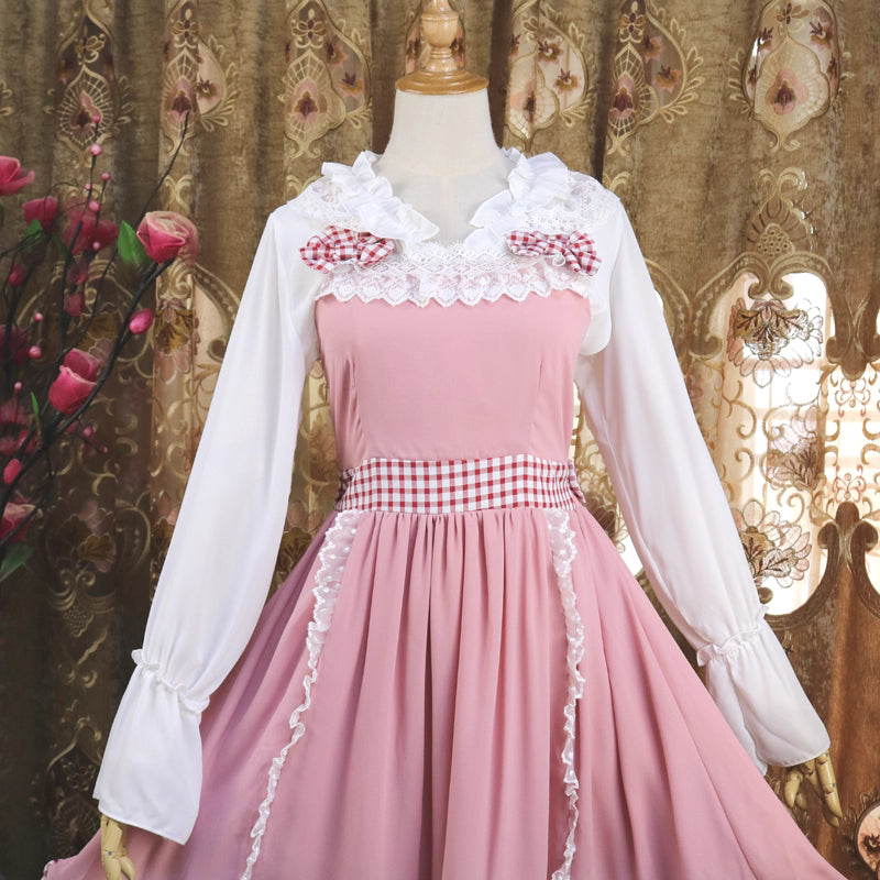 Design Concept:
This Lolita blouse doubles as a short chiffon cardigan featuring long sleeves and delicate ruffle trims. Designed as a lightweight outer layer, it adds elegance while providing subtle sun protection. Available in White, Apricot, Pink, and Black, it complements a variety of Lolita outfits and coordinates effortlessly with dresses or skirts.