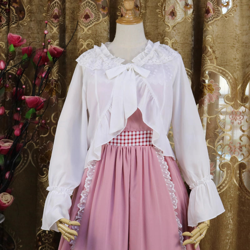 Design Concept:
This Lolita blouse doubles as a short chiffon cardigan featuring long sleeves and delicate ruffle trims. Designed as a lightweight outer layer, it adds elegance while providing subtle sun protection. Available in White, Apricot, Pink, and Black, it complements a variety of Lolita outfits and coordinates effortlessly with dresses or skirts.