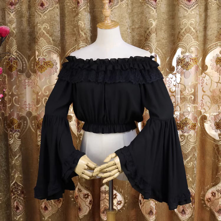 Design Concept:
This short chiffon Lolita blouse is designed with a romantic off-shoulder silhouette, combining lightness and elegance. The cropped cut highlights the waistline, making it a perfect inner layer for JSKs or skirts. Available in White and Black, it balances sweetness and sophistication, offering versatile styling for different Lolita aesthetics.
