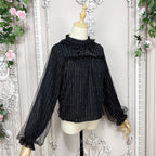 Design Concept:
This Lolita blouse combines gold-thread black and pure milk white into a refined and versatile design. Crafted from lightweight chiffon with a semi-high collar and delicate mesh overlay, it creates an elegant yet sweet atmosphere. The retro-inspired long sleeves flow gracefully with a soft silhouette, making it perfect for pairing with JSKs or skirts. Whether in shimmering gold-thread black for a dramatic gothic charm, or in pure milk white for a gentle and innocent look, this blouse adapts 