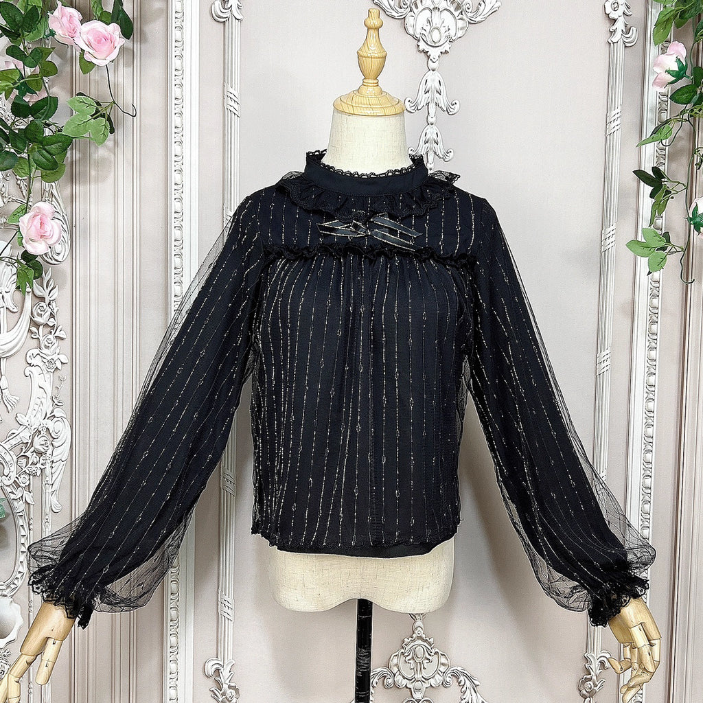 Design Concept:
This Lolita blouse combines gold-thread black and pure milk white into a refined and versatile design. Crafted from lightweight chiffon with a semi-high collar and delicate mesh overlay, it creates an elegant yet sweet atmosphere. The retro-inspired long sleeves flow gracefully with a soft silhouette, making it perfect for pairing with JSKs or skirts. Whether in shimmering gold-thread black for a dramatic gothic charm, or in pure milk white for a gentle and innocent look, this blouse adapts 