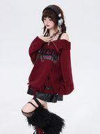 A daring twist on dark romance, this sweater blends gothic subversion with playful vibrancy. The structured zip collar frames off-shoulder styling for a bold yet elegant silhouette, while the unexpected red and pink hues reinterpret traditional gothic tones. Lightweight yet textured knit offers versatility for layered winter wear. For those who embrace contrast—where edge meets elegance, and rebellion meets softness.