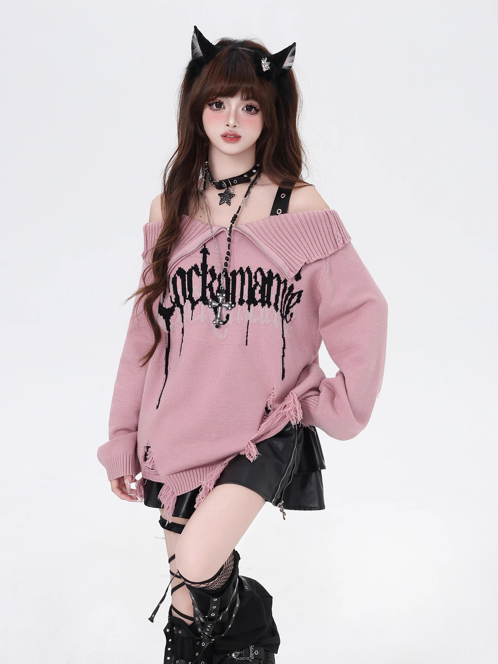 A daring twist on dark romance, this sweater blends gothic subversion with playful vibrancy. The structured zip collar frames off-shoulder styling for a bold yet elegant silhouette, while the unexpected red and pink hues reinterpret traditional gothic tones. Lightweight yet textured knit offers versatility for layered winter wear. For those who embrace contrast—where edge meets elegance, and rebellion meets softness.