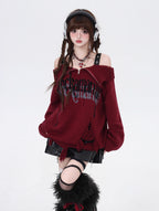 A daring twist on dark romance, this sweater blends gothic subversion with playful vibrancy. The structured zip collar frames off-shoulder styling for a bold yet elegant silhouette, while the unexpected red and pink hues reinterpret traditional gothic tones. Lightweight yet textured knit offers versatility for layered winter wear. For those who embrace contrast—where edge meets elegance, and rebellion meets softness.
