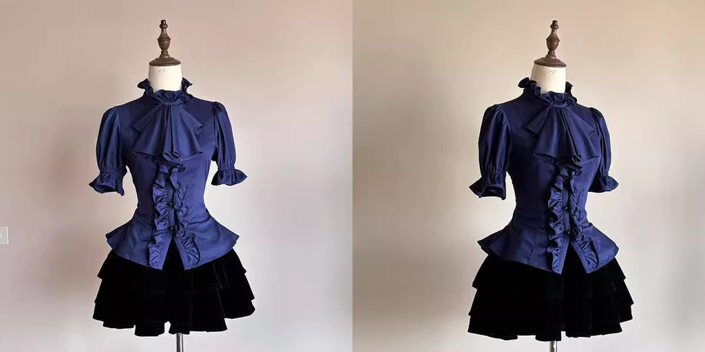 This striking Klein blue Lolita shirt redefines Gothic elegance with its bold fusion of medieval prince aesthetics and contemporary dark fashion. The short sleeve design features intricate ruffles and Victorian-inspired tailoring, creating a dramatic yet wearable statement piece. The vibrant Klein blue hue contrasts brilliantly with classic Gothic elements, offering a modern twist on aristocratic style. Perfect for layering or standalone wear, it embodies luxurious rebellion—ideal for those seeking to merge