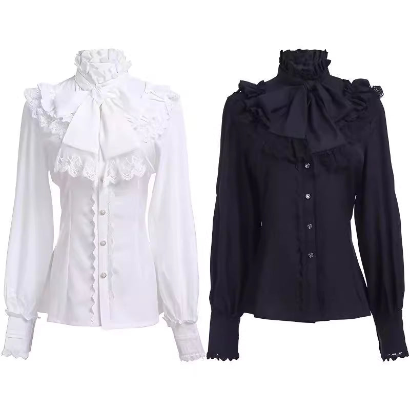 Embodying the dark romance of Gothic Lolita and the aristocratic elegance of medieval prince attire, this blouse features intricate ruffles and delicate Victorian-inspired details. Rendered in a timeless monochrome palette, its tailored silhouette with subtle draping creates a refined yet dramatic layering piece. The luxurious fabric and artisanal craftsmanship make it perfect for creating sophisticated coordinations, blending historical grandeur with contemporary dark fashion aesthetics for a truly captiva