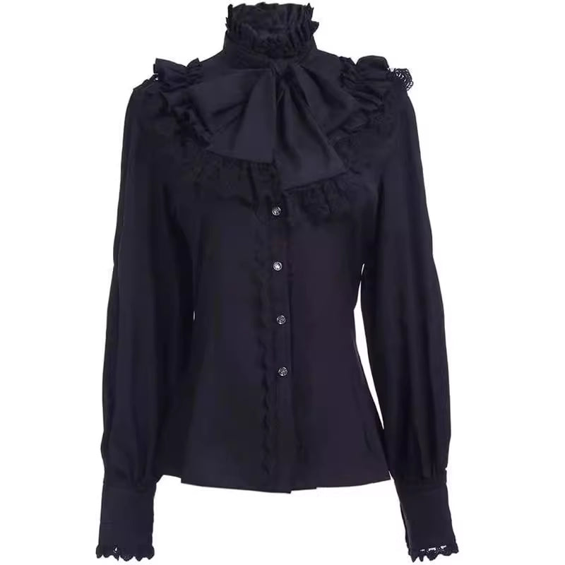 Embodying the dark romance of Gothic Lolita and the aristocratic elegance of medieval prince attire, this blouse features intricate ruffles and delicate Victorian-inspired details. Rendered in a timeless monochrome palette, its tailored silhouette with subtle draping creates a refined yet dramatic layering piece. The luxurious fabric and artisanal craftsmanship make it perfect for creating sophisticated coordinations, blending historical grandeur with contemporary dark fashion aesthetics for a truly captiva