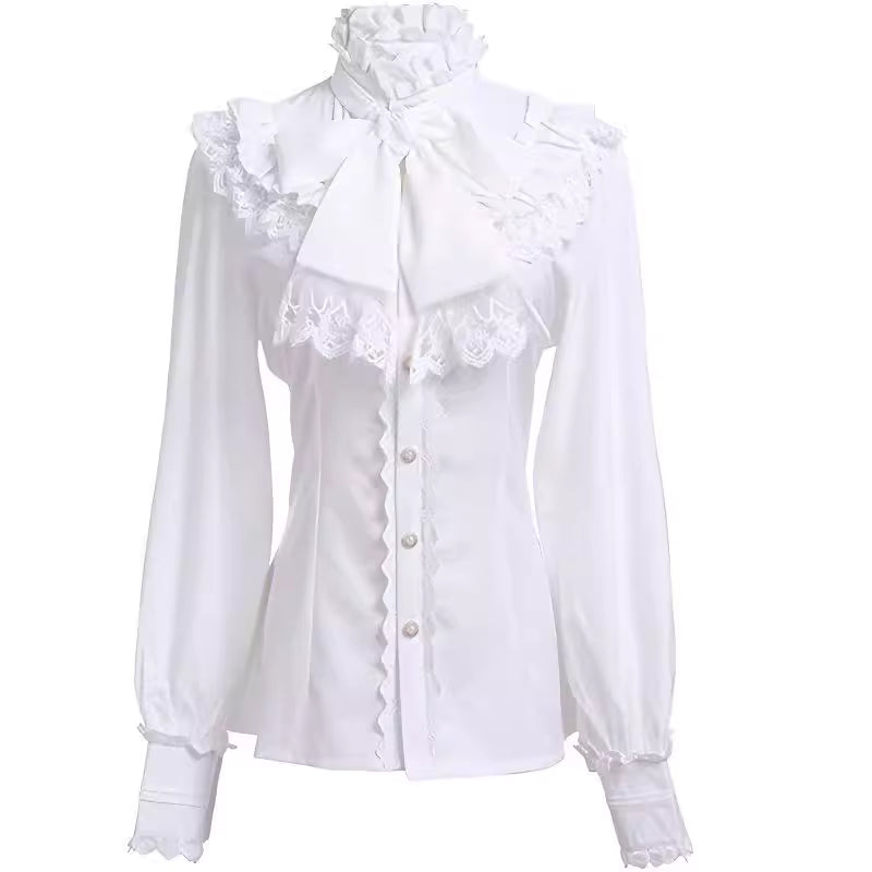 Embodying the dark romance of Gothic Lolita and the aristocratic elegance of medieval prince attire, this blouse features intricate ruffles and delicate Victorian-inspired details. Rendered in a timeless monochrome palette, its tailored silhouette with subtle draping creates a refined yet dramatic layering piece. The luxurious fabric and artisanal craftsmanship make it perfect for creating sophisticated coordinations, blending historical grandeur with contemporary dark fashion aesthetics for a truly captiva