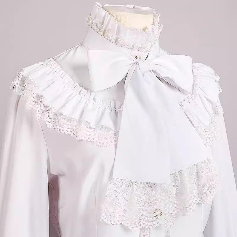 Embodying the dark romance of Gothic Lolita and the aristocratic elegance of medieval prince attire, this blouse features intricate ruffles and delicate Victorian-inspired details. Rendered in a timeless monochrome palette, its tailored silhouette with subtle draping creates a refined yet dramatic layering piece. The luxurious fabric and artisanal craftsmanship make it perfect for creating sophisticated coordinations, blending historical grandeur with contemporary dark fashion aesthetics for a truly captiva