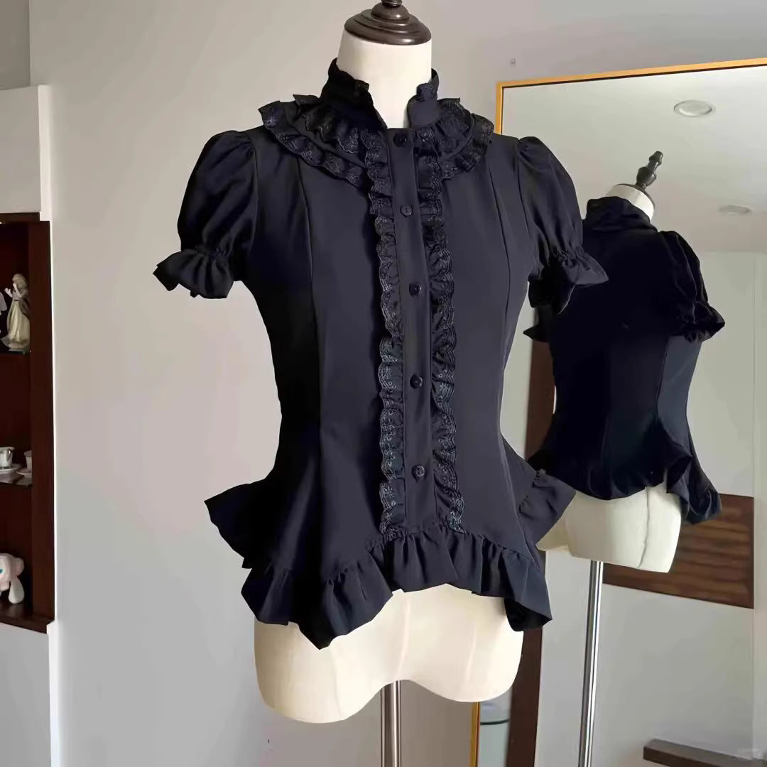 Design Concept:
This Gothic Lolita blouse features a lightweight, soft fabric with vintage-style lantern sleeves and a slim, prince-inspired silhouette. Offered in both black and white, it can be effortlessly styled with various Lolita skirts or layered under outerwear. Combining elegance with comfort, it’s ideal for everyday wear, themed tea parties, or cosplay events.