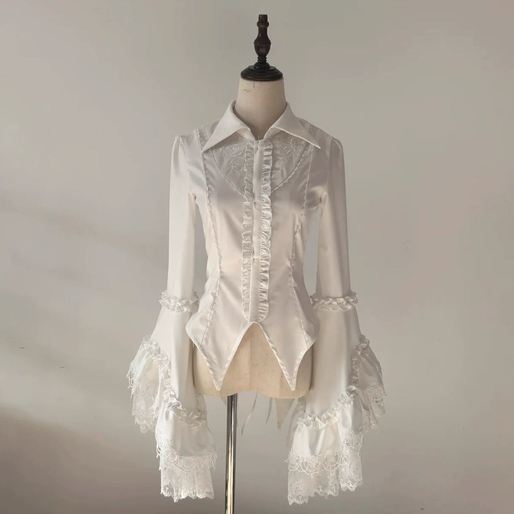 Design Concept:
This Gothic Lolita blouse features a classic tailcoat design inspired by medieval European fashion. Available in black and white, it combines vintage elegance with a refined Lolita silhouette. The tailored fit, pointed hem, and subtle ruffle accents create a sophisticated, timeless look, making it ideal for daily wear, tea parties, or themed gatherings.