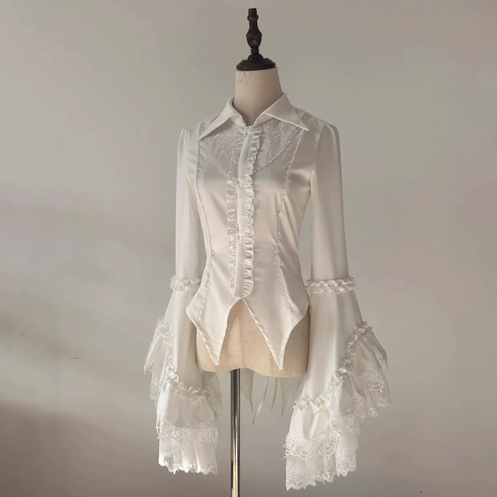 Design Concept:
This Gothic Lolita blouse features a classic tailcoat design inspired by medieval European fashion. Available in black and white, it combines vintage elegance with a refined Lolita silhouette. The tailored fit, pointed hem, and subtle ruffle accents create a sophisticated, timeless look, making it ideal for daily wear, tea parties, or themed gatherings.
