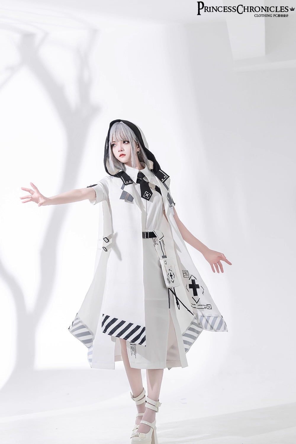 This stark white techwear shirt merges cyberpunk functionality with minimalist purity. Designed with modular seams, hidden pockets, and breathable performance fabric, it balances urban utility and sleek aesthetics. Angular cuts and asymmetrical details evoke digital frost, while the crisp white hue reflects a futuristic versatility—perfect for layered dystopian elegance or standalone statement.