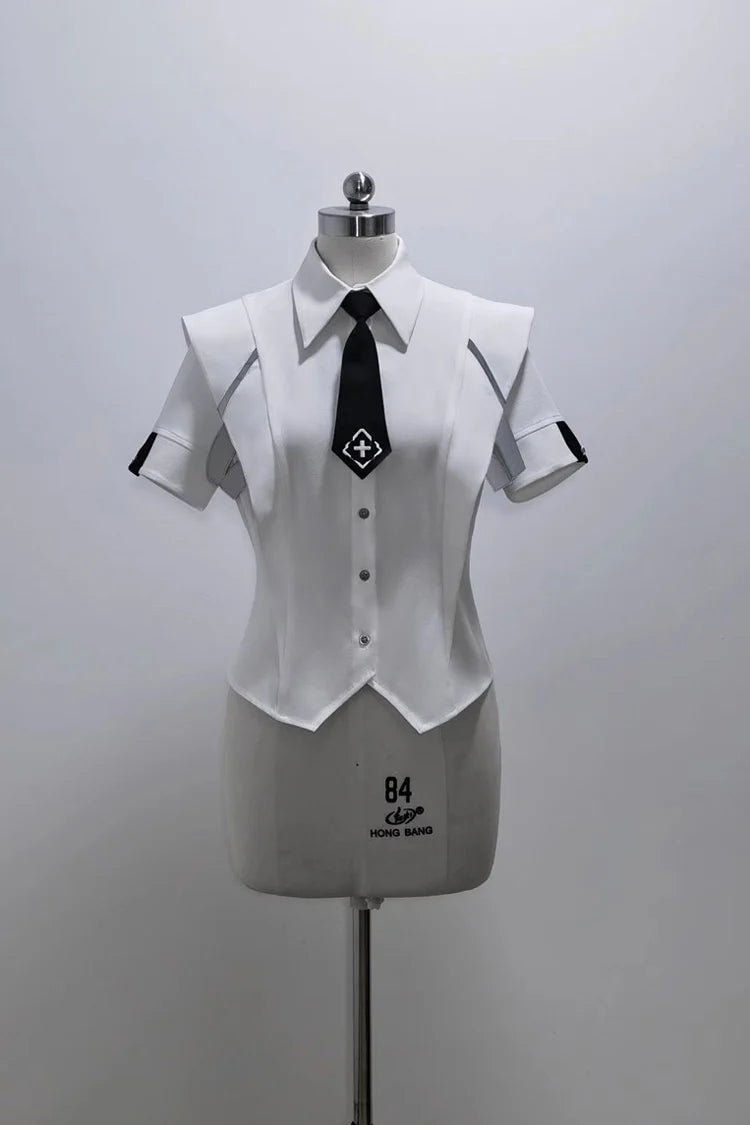 This stark white techwear shirt merges cyberpunk functionality with minimalist purity. Designed with modular seams, hidden pockets, and breathable performance fabric, it balances urban utility and sleek aesthetics. Angular cuts and asymmetrical details evoke digital frost, while the crisp white hue reflects a futuristic versatility—perfect for layered dystopian elegance or standalone statement.