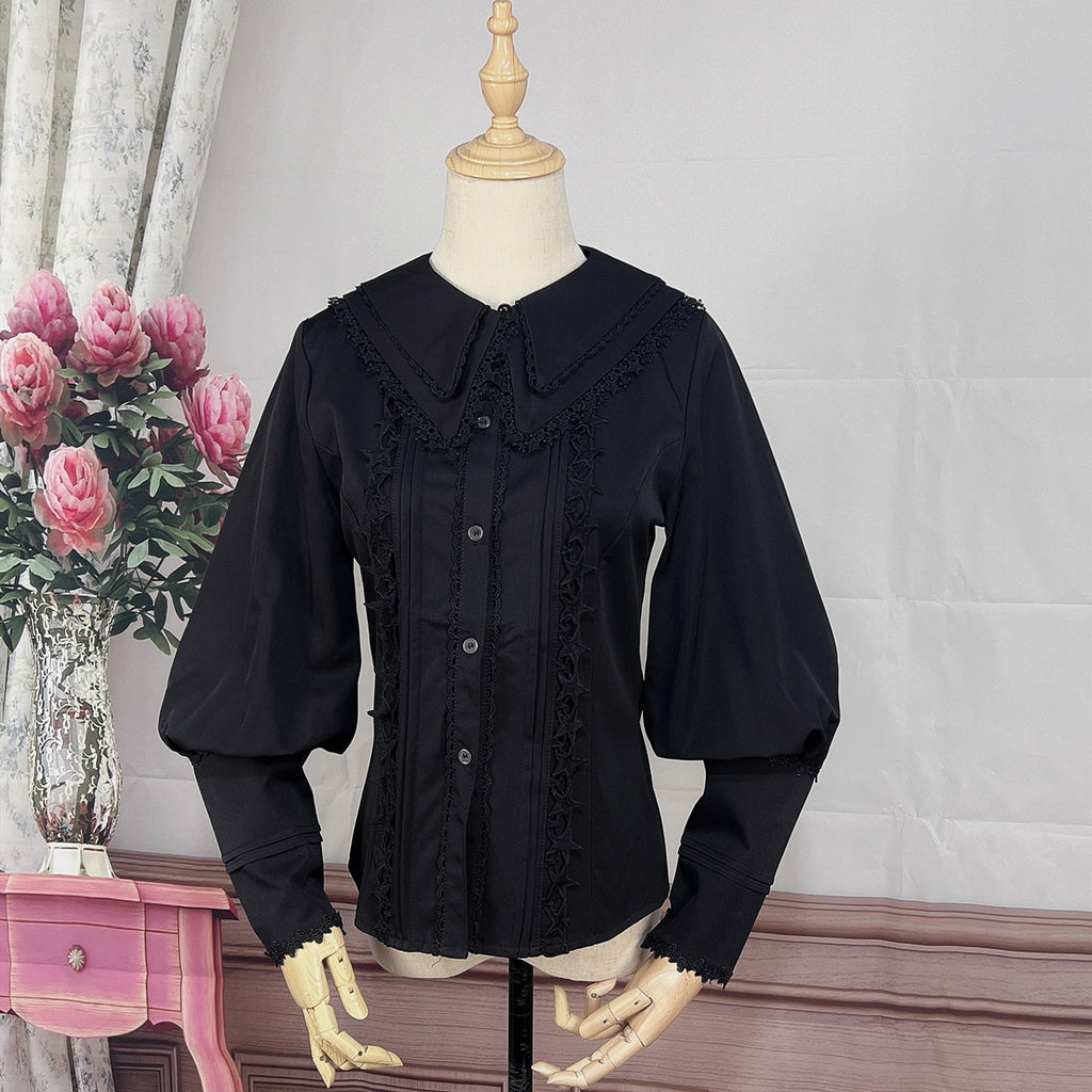 Design Concept:
This Lolita blouse features detachable doll collars and graceful lantern sleeves, blending sweetness with elegance. Available in ivory white and classic black, the design highlights a refined silhouette that pairs beautifully with JSKs or skirts. The removable collar adds versatility, allowing for different styling options, while the soft chiffon texture ensures comfort for both daily wear and tea party gatherings. A perfect balance of practicality and charm for spring and autumn outfits.