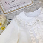 This charming blouse blends JK style with sweet Lolita details for a truly adorable look. The classic Peter Pan collar and delicate lace trim offer timeless appeal, while the playful bubble sleeves add a touch of whimsy. Perfect for layering under jumperskirts or wearing on its own, this versatile piece is crafted from soft, comfortable fabric. Its cute design makes it ideal for creating innocent and romantic coordinates that capture the essence of youthful elegance.