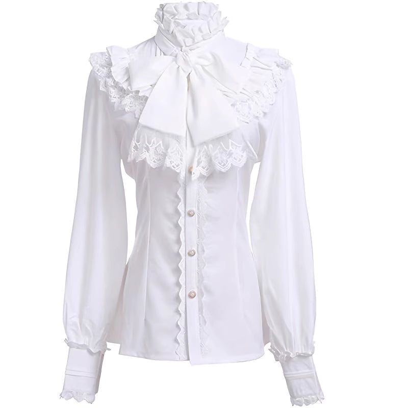 This exquisite blouse merges medieval grandeur with Victorian elegance and steampunk edge. Intricate ruffles cascade from the collar and cuffs, evoking a sense of historical drama perfect for stage performances. The tailored silhouette features period-inspired details like lace accents and billowy sleeves, crafted from high-quality fabric for both visual impact and comfort. Ideal for theatrical wear, cosplay, or alternative fashion, this statement piece captures the romance of bygone eras with a rebellious,