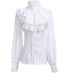 This exquisite blouse merges medieval grandeur with Victorian elegance and steampunk edge. Intricate ruffles cascade from the collar and cuffs, evoking a sense of historical drama perfect for stage performances. The tailored silhouette features period-inspired details like lace accents and billowy sleeves, crafted from high-quality fabric for both visual impact and comfort. Ideal for theatrical wear, cosplay, or alternative fashion, this statement piece captures the romance of bygone eras with a rebellious,