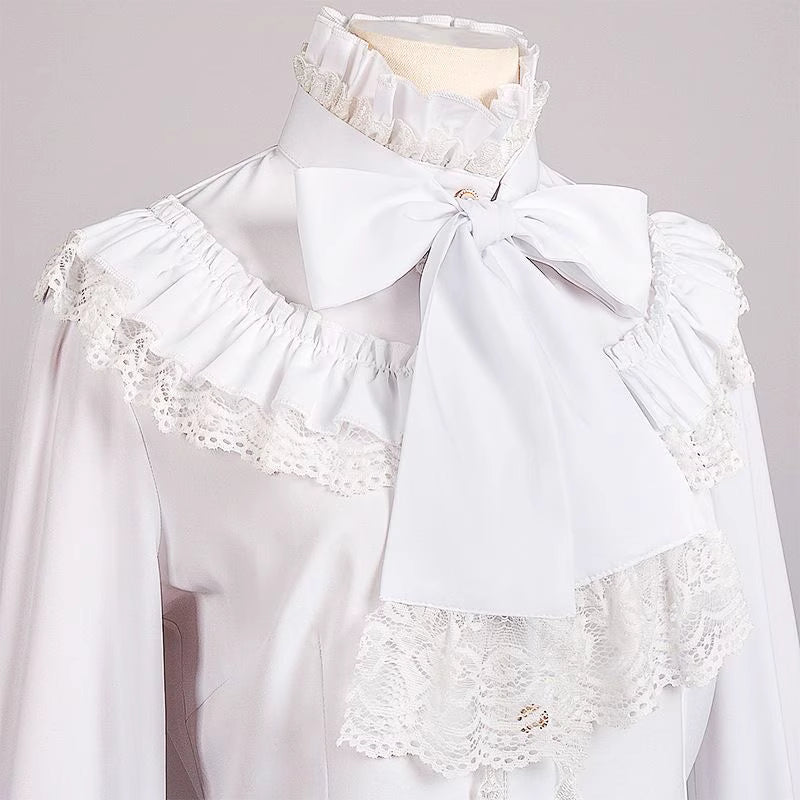 This exquisite blouse merges medieval grandeur with Victorian elegance and steampunk edge. Intricate ruffles cascade from the collar and cuffs, evoking a sense of historical drama perfect for stage performances. The tailored silhouette features period-inspired details like lace accents and billowy sleeves, crafted from high-quality fabric for both visual impact and comfort. Ideal for theatrical wear, cosplay, or alternative fashion, this statement piece captures the romance of bygone eras with a rebellious,