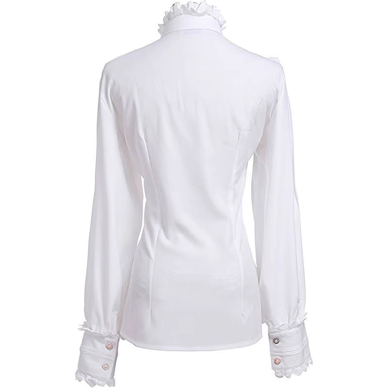 This exquisite blouse merges medieval grandeur with Victorian elegance and steampunk edge. Intricate ruffles cascade from the collar and cuffs, evoking a sense of historical drama perfect for stage performances. The tailored silhouette features period-inspired details like lace accents and billowy sleeves, crafted from high-quality fabric for both visual impact and comfort. Ideal for theatrical wear, cosplay, or alternative fashion, this statement piece captures the romance of bygone eras with a rebellious,