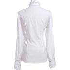 This exquisite blouse merges medieval grandeur with Victorian elegance and steampunk edge. Intricate ruffles cascade from the collar and cuffs, evoking a sense of historical drama perfect for stage performances. The tailored silhouette features period-inspired details like lace accents and billowy sleeves, crafted from high-quality fabric for both visual impact and comfort. Ideal for theatrical wear, cosplay, or alternative fashion, this statement piece captures the romance of bygone eras with a rebellious,