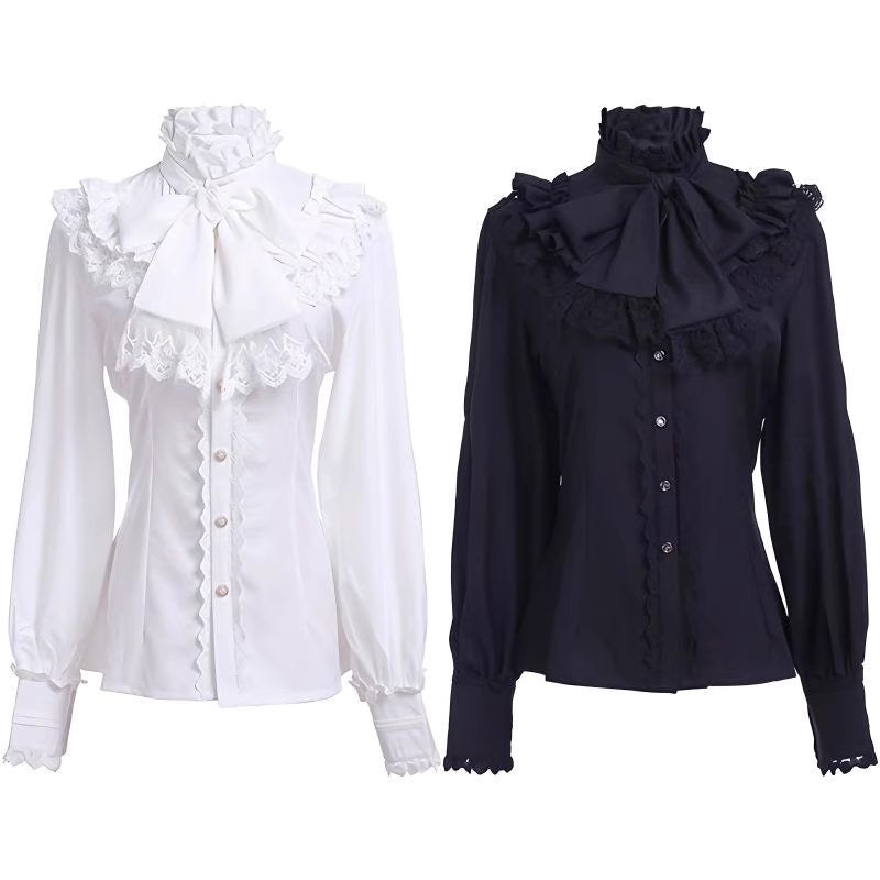 This exquisite blouse merges medieval grandeur with Victorian elegance and steampunk edge. Intricate ruffles cascade from the collar and cuffs, evoking a sense of historical drama perfect for stage performances. The tailored silhouette features period-inspired details like lace accents and billowy sleeves, crafted from high-quality fabric for both visual impact and comfort. Ideal for theatrical wear, cosplay, or alternative fashion, this statement piece captures the romance of bygone eras with a rebellious,