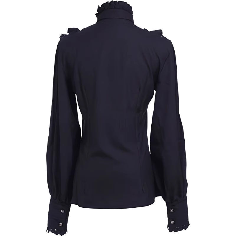 This exquisite blouse merges medieval grandeur with Victorian elegance and steampunk edge. Intricate ruffles cascade from the collar and cuffs, evoking a sense of historical drama perfect for stage performances. The tailored silhouette features period-inspired details like lace accents and billowy sleeves, crafted from high-quality fabric for both visual impact and comfort. Ideal for theatrical wear, cosplay, or alternative fashion, this statement piece captures the romance of bygone eras with a rebellious,