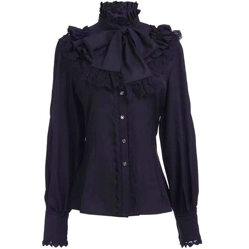 This exquisite blouse merges medieval grandeur with Victorian elegance and steampunk edge. Intricate ruffles cascade from the collar and cuffs, evoking a sense of historical drama perfect for stage performances. The tailored silhouette features period-inspired details like lace accents and billowy sleeves, crafted from high-quality fabric for both visual impact and comfort. Ideal for theatrical wear, cosplay, or alternative fashion, this statement piece captures the romance of bygone eras with a rebellious,