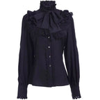 This exquisite blouse merges medieval grandeur with Victorian elegance and steampunk edge. Intricate ruffles cascade from the collar and cuffs, evoking a sense of historical drama perfect for stage performances. The tailored silhouette features period-inspired details like lace accents and billowy sleeves, crafted from high-quality fabric for both visual impact and comfort. Ideal for theatrical wear, cosplay, or alternative fashion, this statement piece captures the romance of bygone eras with a rebellious,