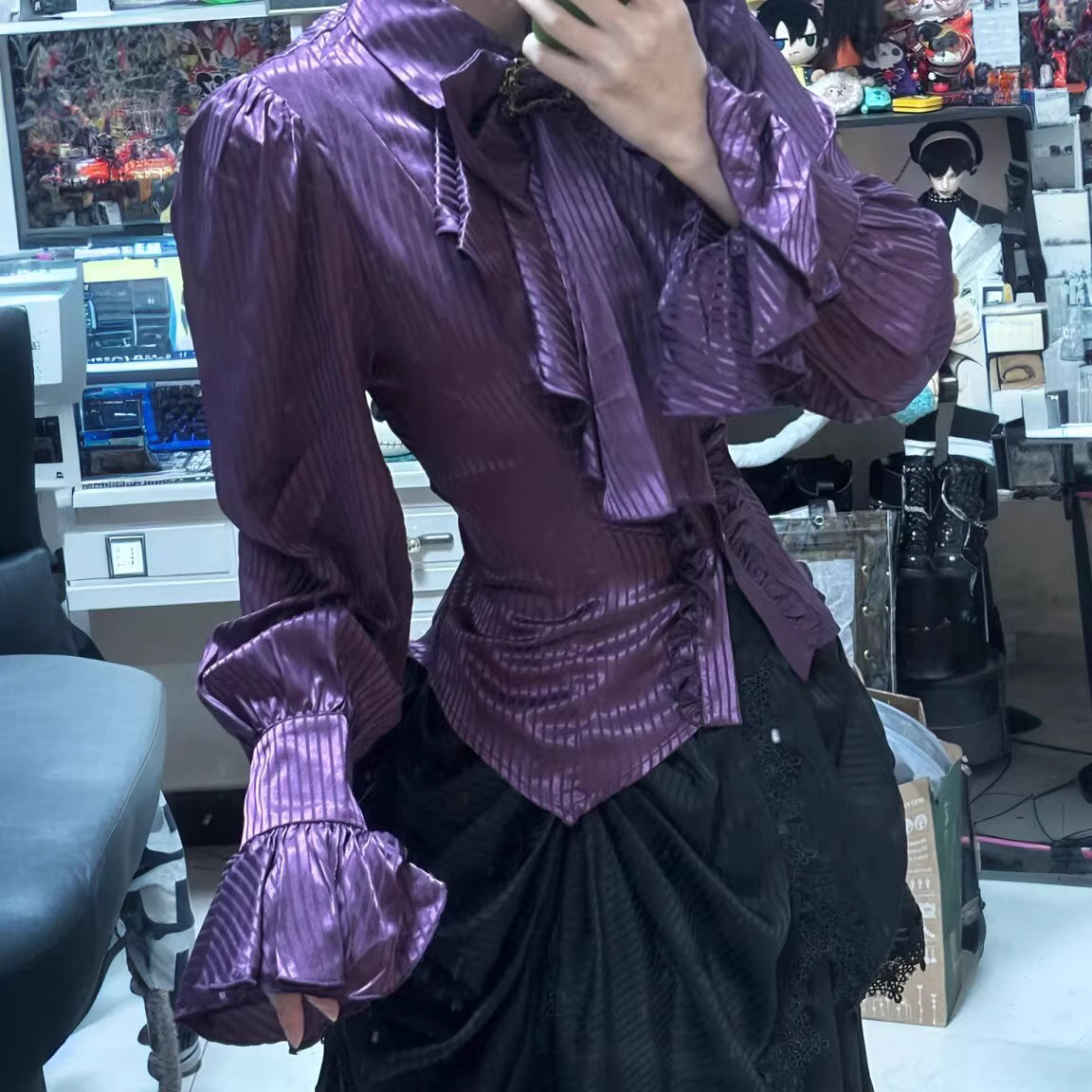 Design Concept:

This Lolita blouse in purple, white, and black blends Gothic charm with French vintage elegance. Designed with delicate tailoring and long sleeves, it creates a dramatic yet refined silhouette that is perfect for layering under Lolita dresses or wearing as a statement piece on its own. The versatile design makes it suitable for tea parties, cosplay events, and vintage-inspired gatherings, while the soft fabric ensures both comfort and style.