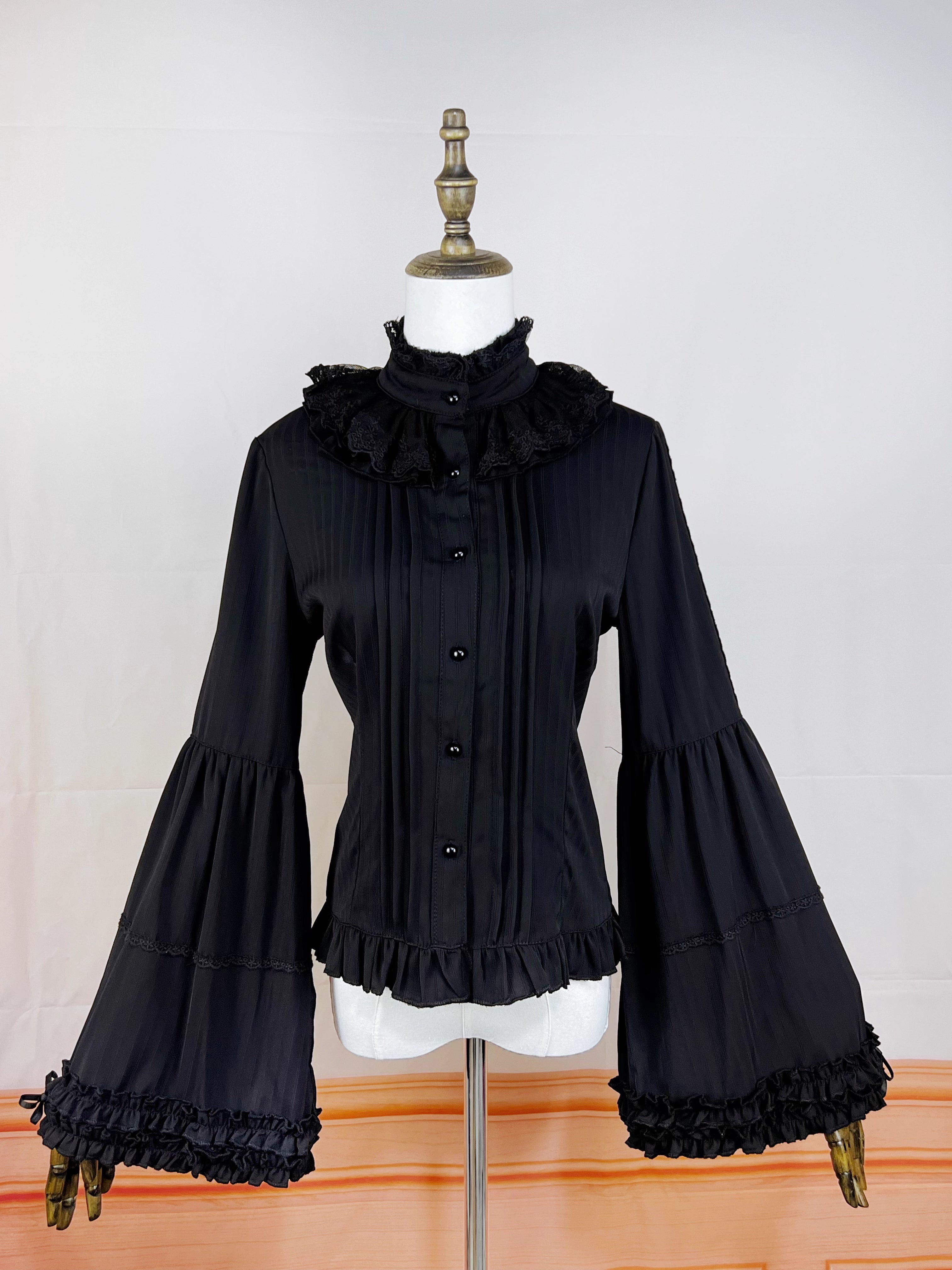 Design Concept:
This Lolita blouse features a stand collar and elegant princess sleeves, crafted in a Gothic punk style for a bold, edgy look. The long sleeves and slim-fit design make it ideal as an inner layer or statement top, adding a sophisticated yet daring touch to any Lolita ensemble. Available in Black, it complements a variety of Gothic and punk-inspired outfits.