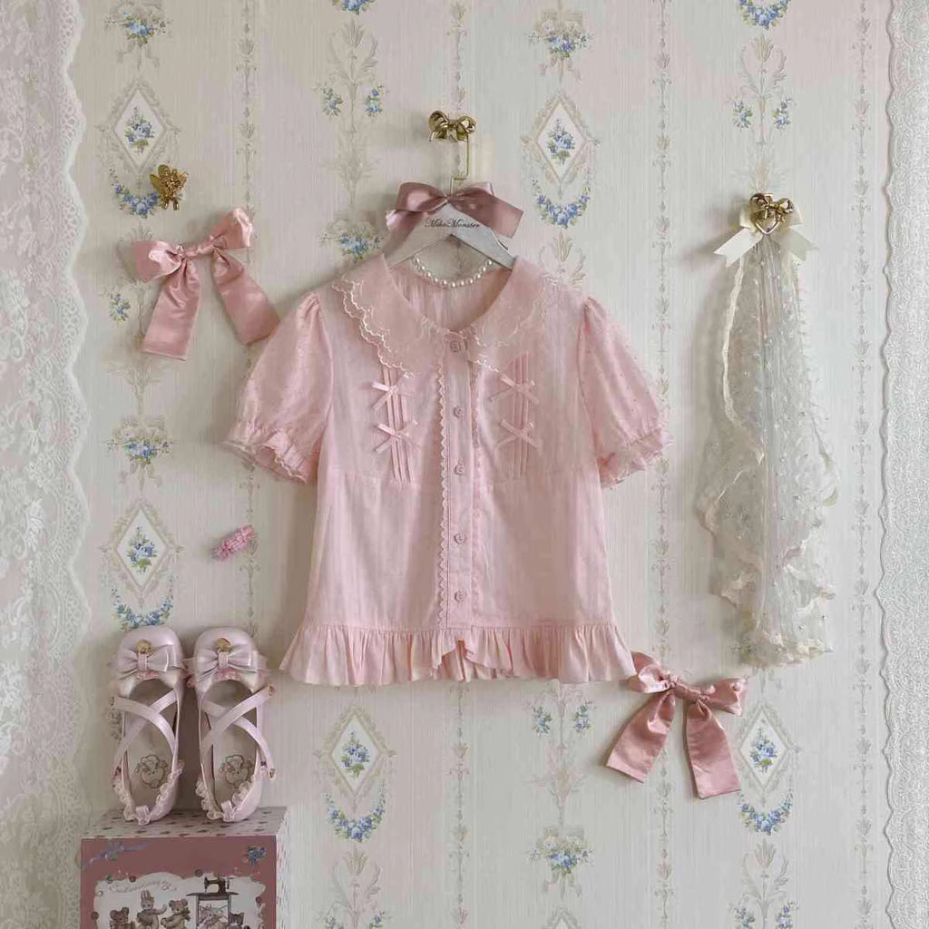 Design Concept:
This sweet Lolita blouse is designed with a short-sleeve cut and adorned with a delicate bow, perfectly capturing a cute and youthful charm. Crafted in white, soft light yellow, and pastel pink, the blouse offers versatile styling options to suit different moods and coordinates. The lightweight fabric ensures comfort while maintaining a refined silhouette, making it an ideal piece to layer under JSKs or pair with Lolita skirts. Whether for daily wear or a tea party, this blouse adds a playfu