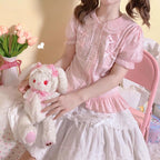 Design Concept:
This sweet Lolita blouse is designed with a short-sleeve cut and adorned with a delicate bow, perfectly capturing a cute and youthful charm. Crafted in white, soft light yellow, and pastel pink, the blouse offers versatile styling options to suit different moods and coordinates. The lightweight fabric ensures comfort while maintaining a refined silhouette, making it an ideal piece to layer under JSKs or pair with Lolita skirts. Whether for daily wear or a tea party, this blouse adds a playfu