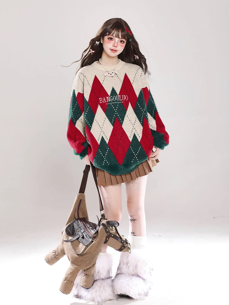 This sweater blends nostalgic charm with modern comfort. The classic fair isle pattern and retro colorblock design evoke a cozy, festive spirit. Crafted from soft, high-quality yarn, its relaxed oversized fit and crewneck offer effortless style and warmth. Perfect for holiday gatherings or casual winter days, it's a versatile piece that adds a touch of timeless, whimsical charm to any seasonal wardrobe, making every moment feel both special and comfortably laid-back.
