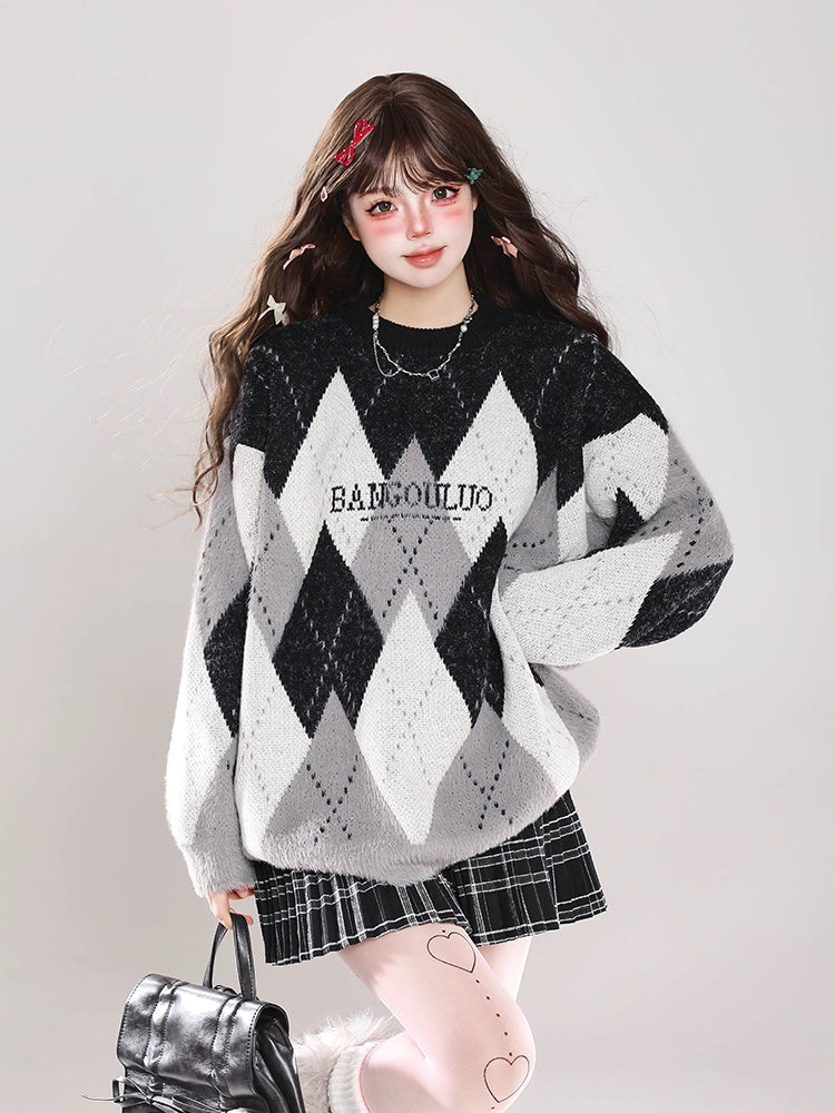 This sweater blends nostalgic charm with modern comfort. The classic fair isle pattern and retro colorblock design evoke a cozy, festive spirit. Crafted from soft, high-quality yarn, its relaxed oversized fit and crewneck offer effortless style and warmth. Perfect for holiday gatherings or casual winter days, it's a versatile piece that adds a touch of timeless, whimsical charm to any seasonal wardrobe, making every moment feel both special and comfortably laid-back.