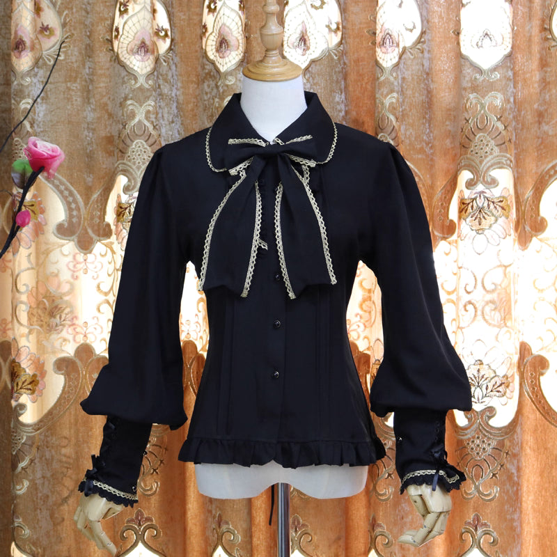 Design Concept:
This collection of Lolita blouses features a slim-fit silhouette with a delicate doll collar and elegant lantern sleeves, combining vintage charm with a refined Lolita aesthetic. The three styles include Pure White, White with Gold Trim, and Black with Gold Trim, offering a range of options from classic elegance to subtly luxurious Gothic-inspired looks.