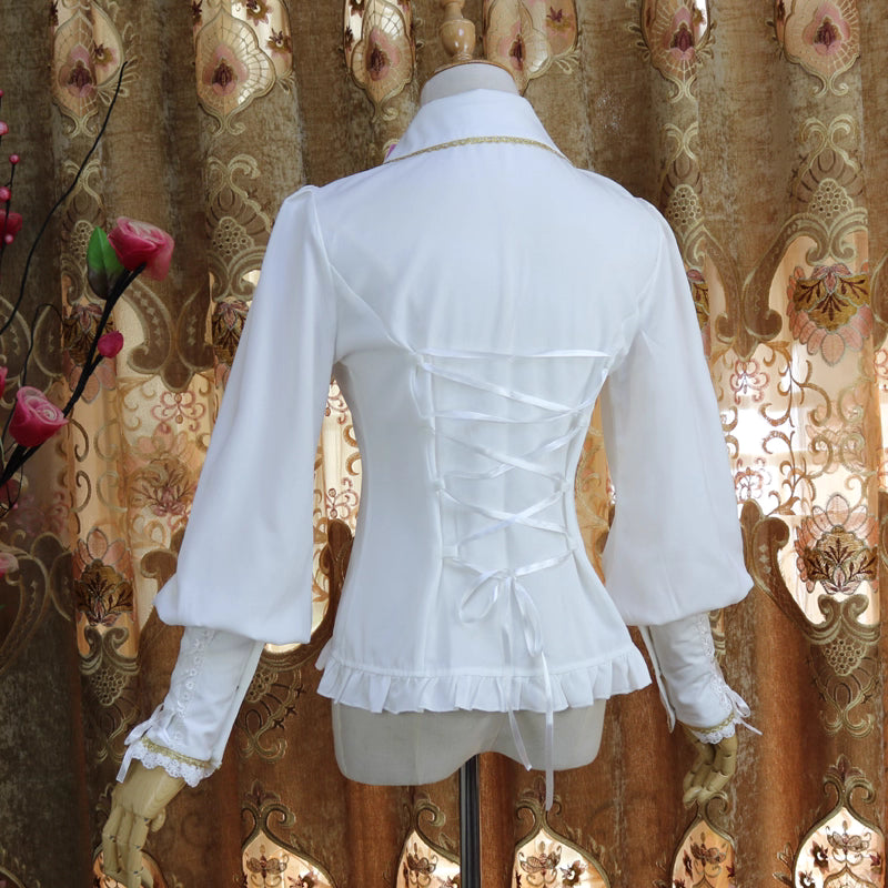 Design Concept:
This collection of Lolita blouses features a slim-fit silhouette with a delicate doll collar and elegant lantern sleeves, combining vintage charm with a refined Lolita aesthetic. The three styles include Pure White, White with Gold Trim, and Black with Gold Trim, offering a range of options from classic elegance to subtly luxurious Gothic-inspired looks.