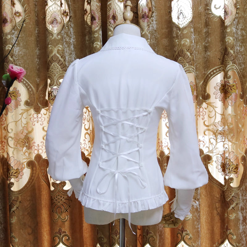 Design Concept:
This collection of Lolita blouses features a slim-fit silhouette with a delicate doll collar and elegant lantern sleeves, combining vintage charm with a refined Lolita aesthetic. The three styles include Pure White, White with Gold Trim, and Black with Gold Trim, offering a range of options from classic elegance to subtly luxurious Gothic-inspired looks.