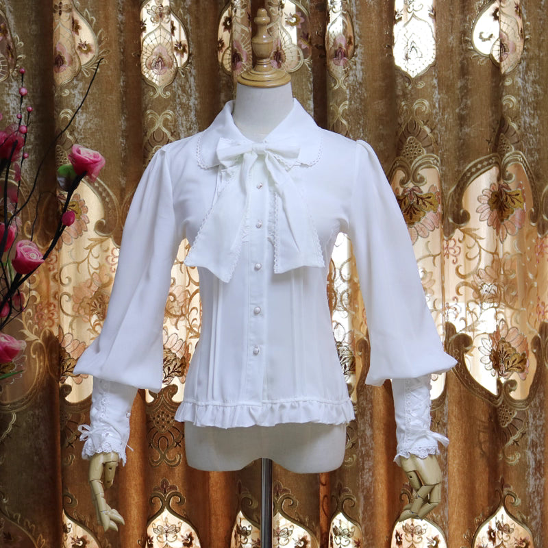 Design Concept:
This collection of Lolita blouses features a slim-fit silhouette with a delicate doll collar and elegant lantern sleeves, combining vintage charm with a refined Lolita aesthetic. The three styles include Pure White, White with Gold Trim, and Black with Gold Trim, offering a range of options from classic elegance to subtly luxurious Gothic-inspired looks.