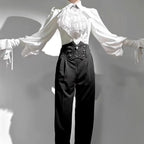 Design Concept:

This Lolita blouse is a charming blend of vintage and medieval aesthetics, designed as a prince-style long-sleeve shirt perfect for layering or cosplay. Crafted in classic white and black, it features meticulous detailing that highlights the timeless elegance of Lolita fashion. The blouse offers a comfortable loose fit while maintaining a structured silhouette, making it ideal for daily wear, themed events, or tea parties. Pair it with skirts or trousers for a refined, versatile look that e