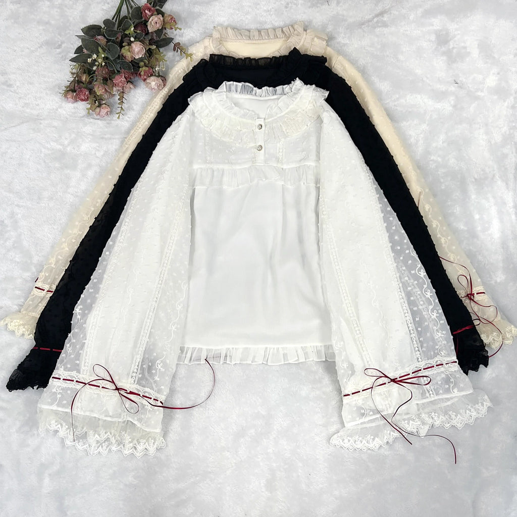 This elegant blouse masterfully blends Victorian romance with subtle Chinese-inspired aesthetics. The dramatic double-layer bishop sleeves and delicate drawstring details create a luxurious, poetic silhouette. Topped with a classic bow tie, it offers a timeless look. Designed for the modern Lolita enthusiast, this undershirt is crafted from premium materials for both comfort and sophistication, making it the perfect foundational piece for creating a statement layered outfit that is both graceful and uniquel